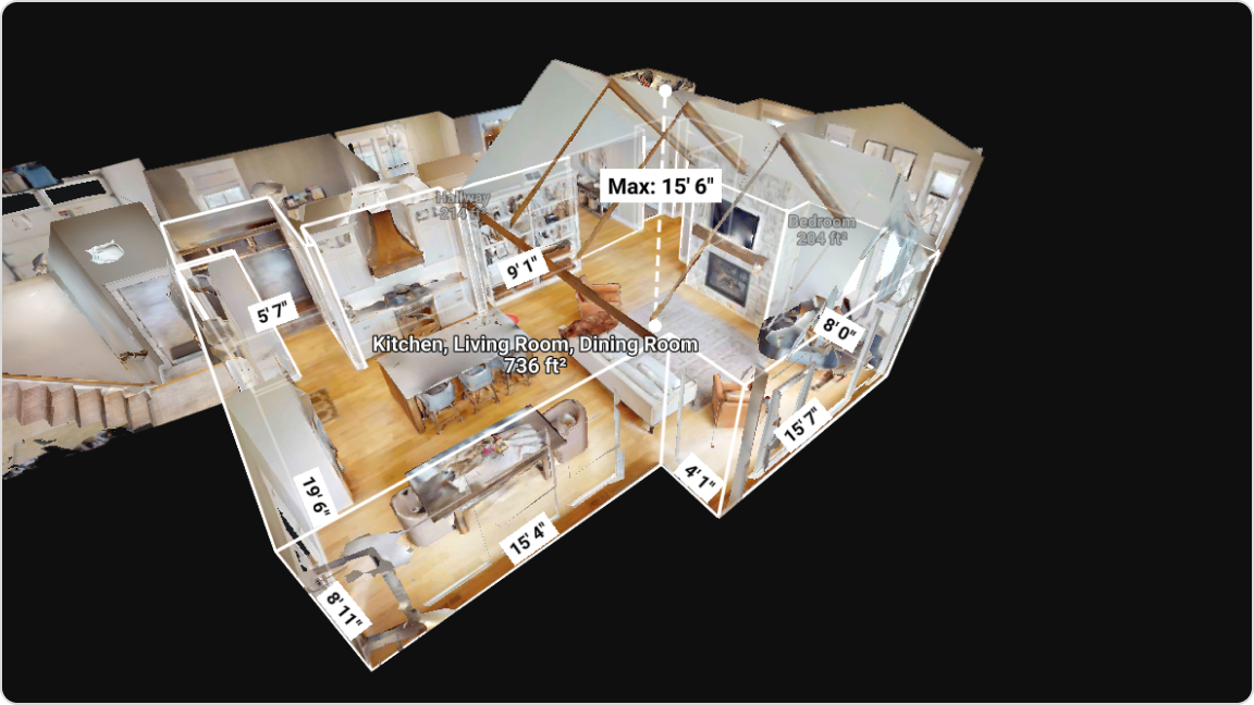 3D model priestoru s vypočítanými rozmermi miestností